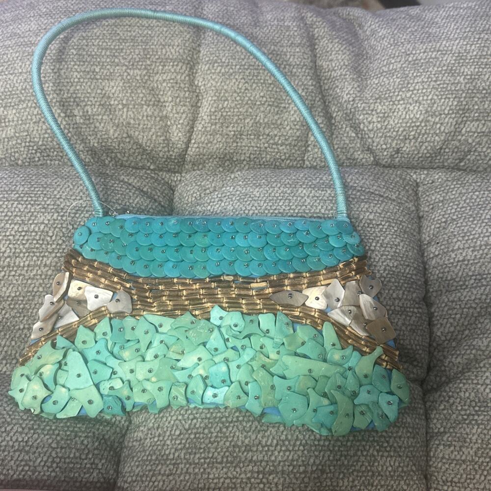 Shell Purse Turquoise Beaded / Wood Handbag